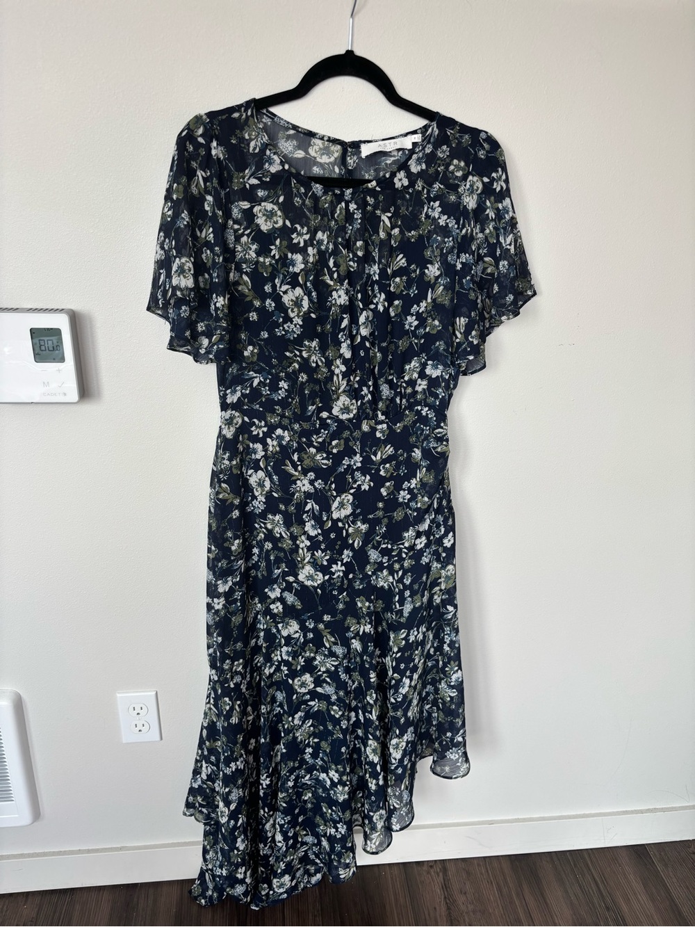 Astr Navy Floral Ruffle-Hem Midi Dress